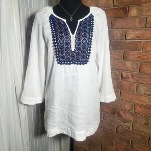 Charter Club Weekend White 100% Linen Tunic Navy Embroidered Chest & Trim - Sz L